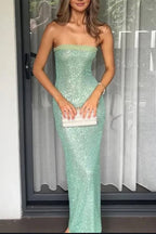 Sage Sheath Strapless Sequined Long Evening Dress - Curvevia