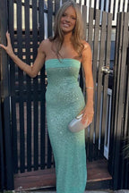 Sage Sheath Strapless Sequined Long Evening Dress - Curvevia