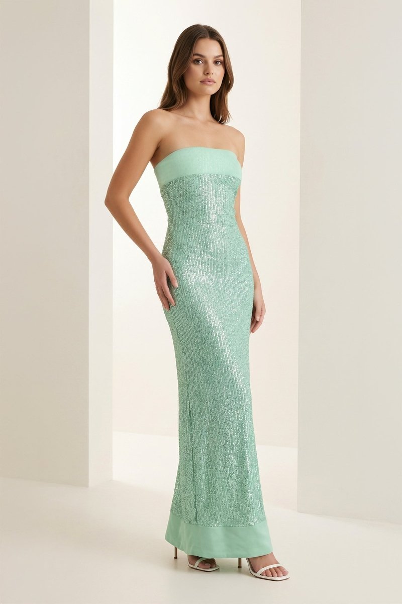 Sage Sheath Strapless Sequined Long Evening Dress - Curvevia