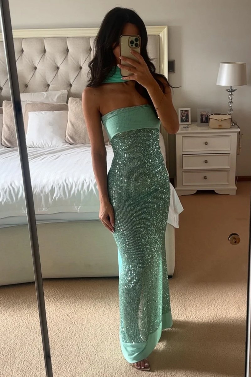 Sage Sheath Strapless Sequined Long Evening Dress - Curvevia