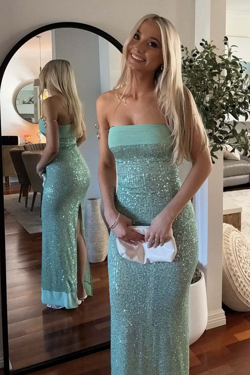 Sage Sheath Strapless Sequined Long Evening Dress - Curvevia