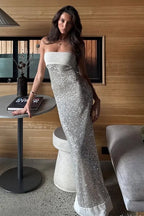 Sage Sheath Strapless Sequined Long Evening Dress - Curvevia