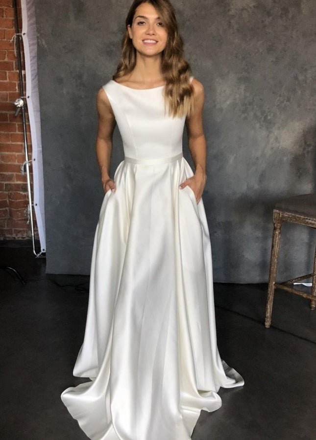 Pure White Satin Sleeveless Bridal Dresses with Pockets - Curvevia