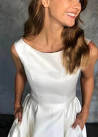 Pure White Satin Sleeveless Bridal Dresses with Pockets - Curvevia