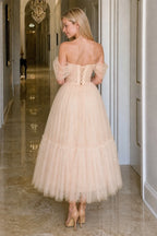 A Line Pink Tulle Tea Length Wedding Guest Dress - Curvevia