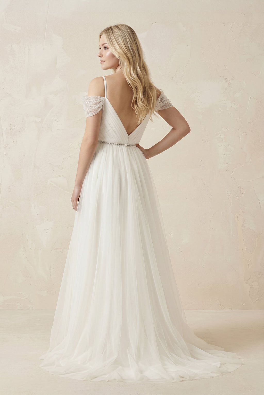Cold Shoulder Tulle A-Line Ruched Wedding Dress in White - Curvevia
