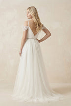 Cold Shoulder Tulle A-Line Ruched Wedding Dress in White - Curvevia