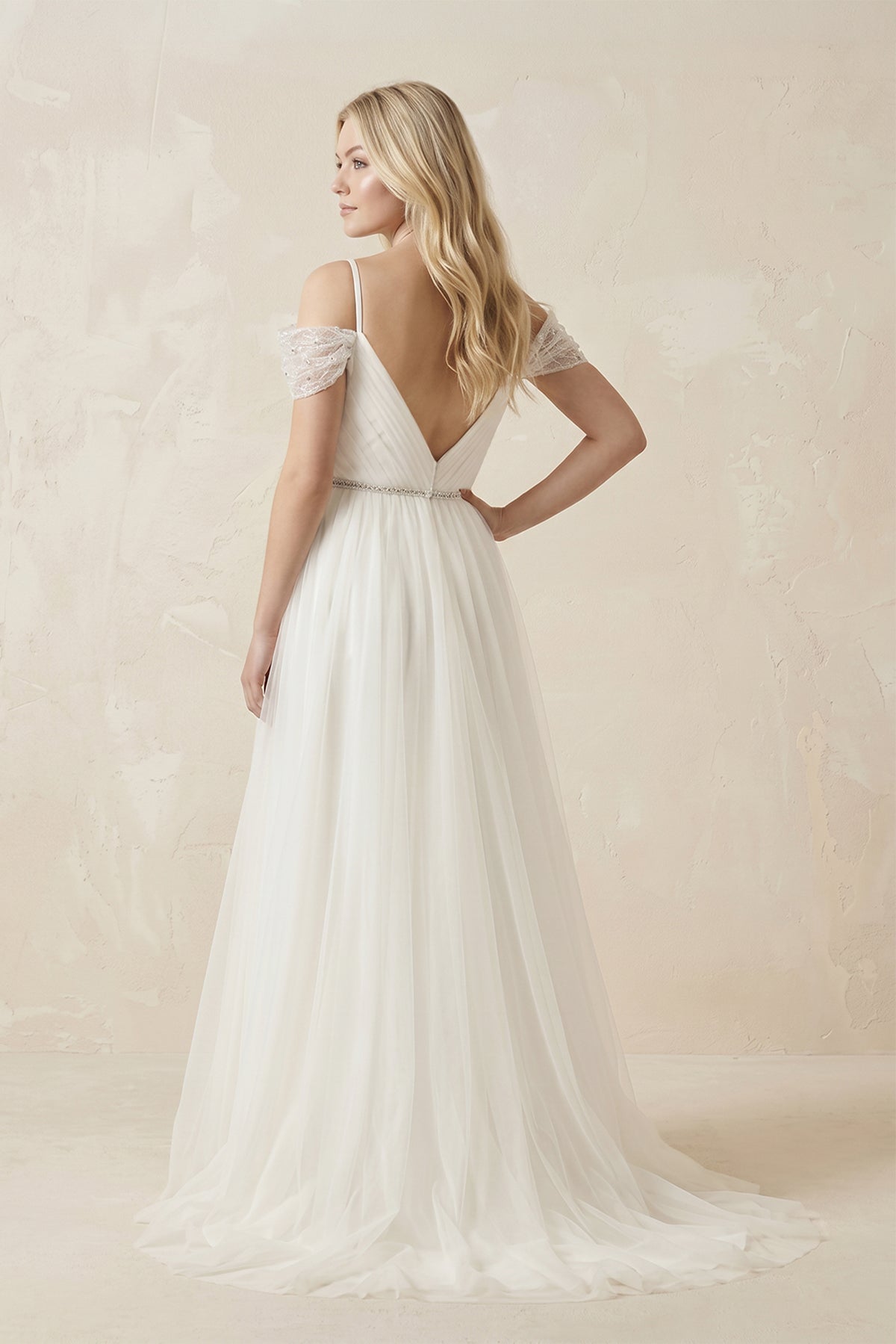 Cold Shoulder Tulle A-Line Ruched Wedding Dress in White - Curvevia