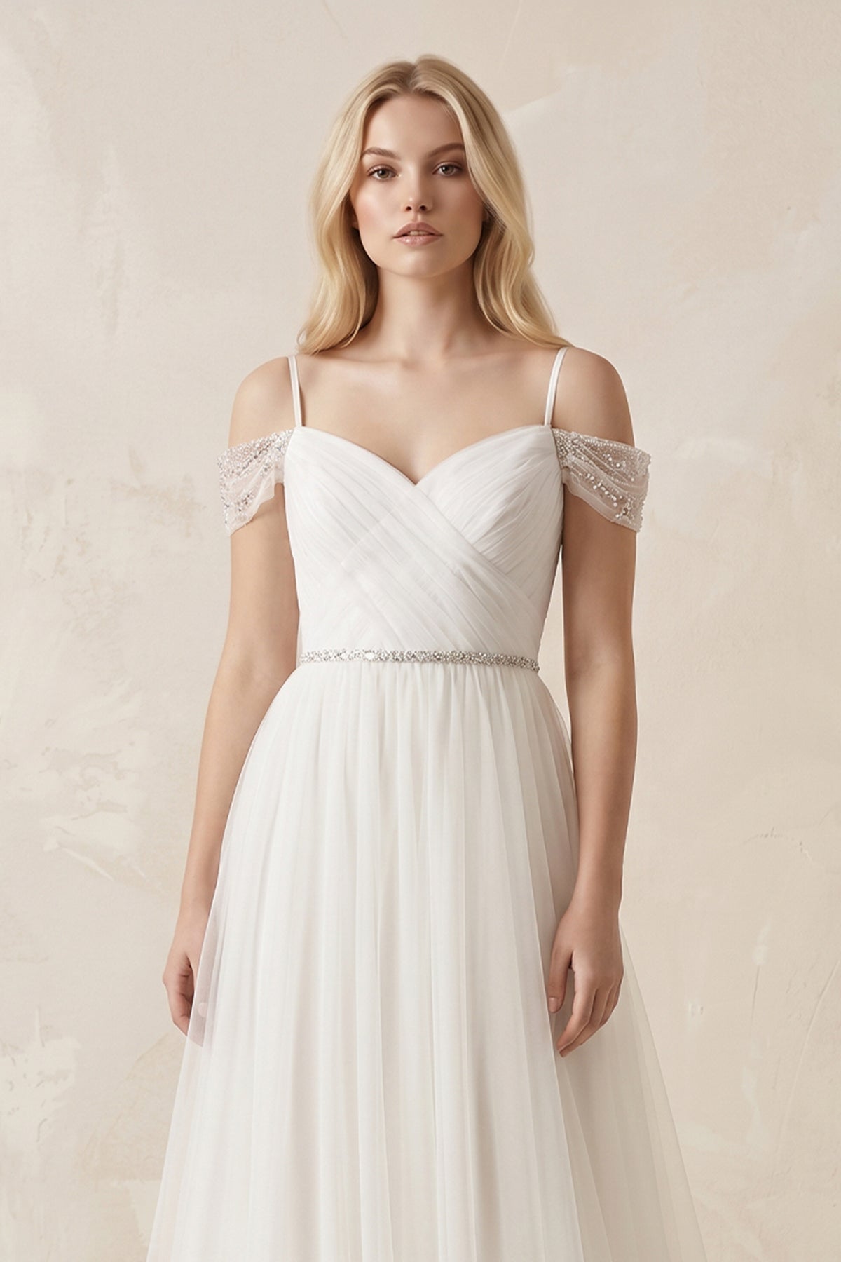 Cold Shoulder Tulle A-Line Ruched Wedding Dress in White - Curvevia