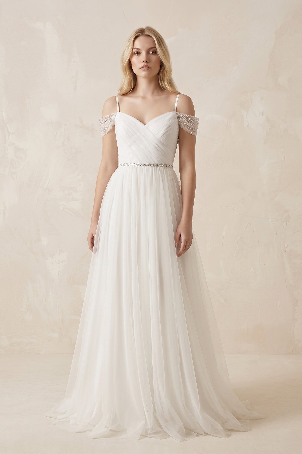 Cold Shoulder Tulle A-Line Ruched Wedding Dress in White - Curvevia