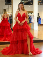A-Line Spaghetti Straps Long Tiered Tulle Prom Dress With Split - Curvevia