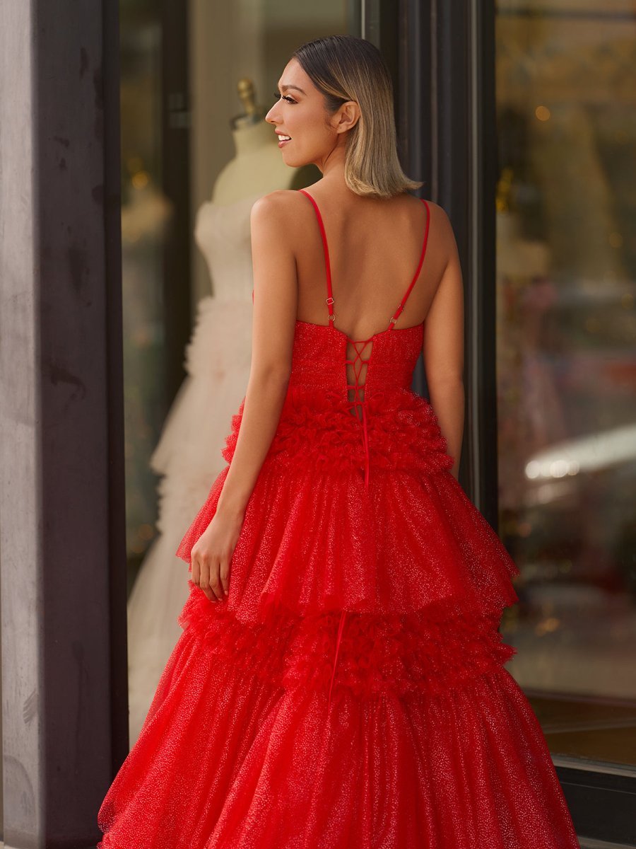 A-Line Spaghetti Straps Long Tiered Tulle Prom Dress With Split - Curvevia