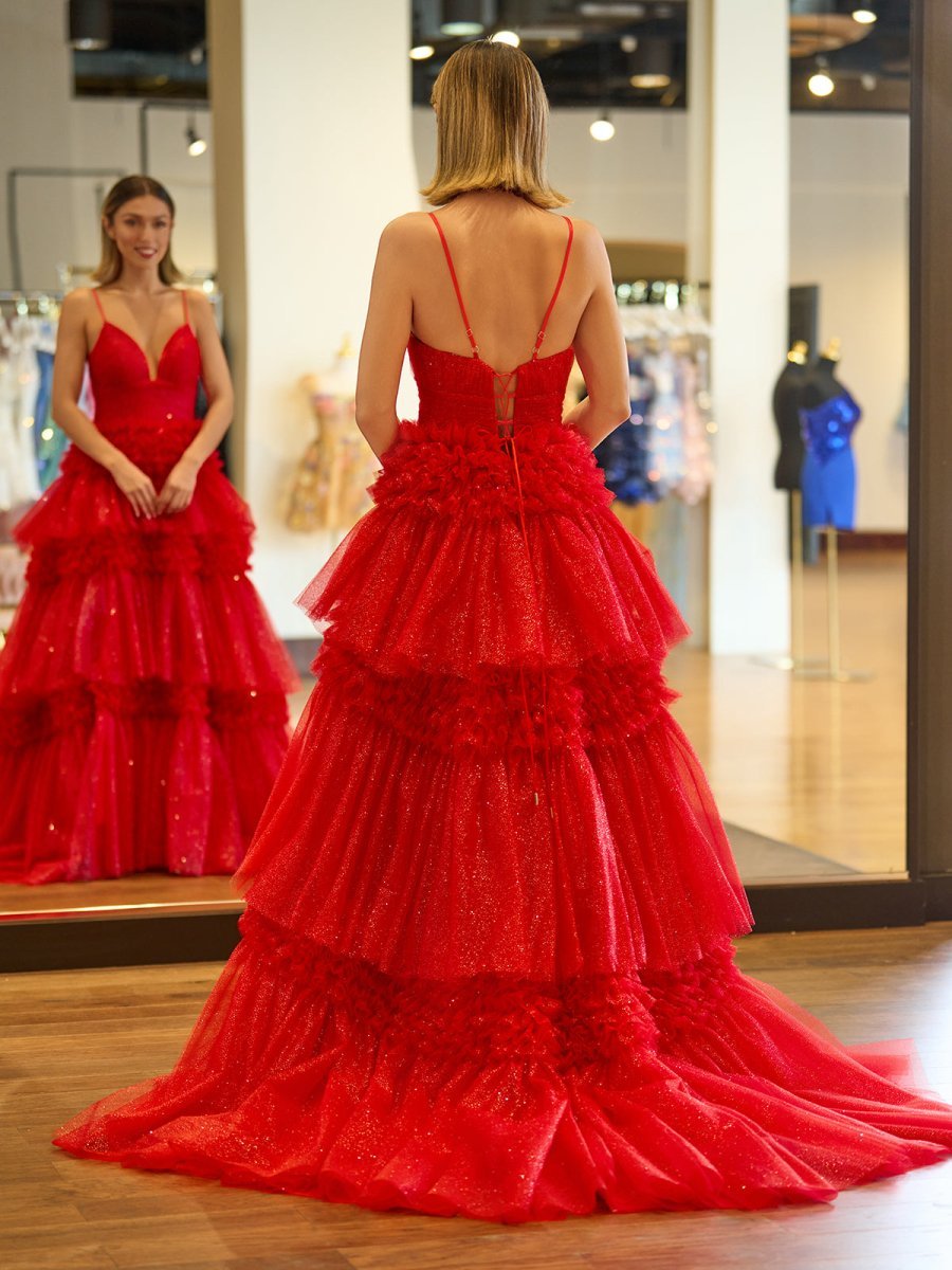 A-Line Spaghetti Straps Long Tiered Tulle Prom Dress With Split - Curvevia