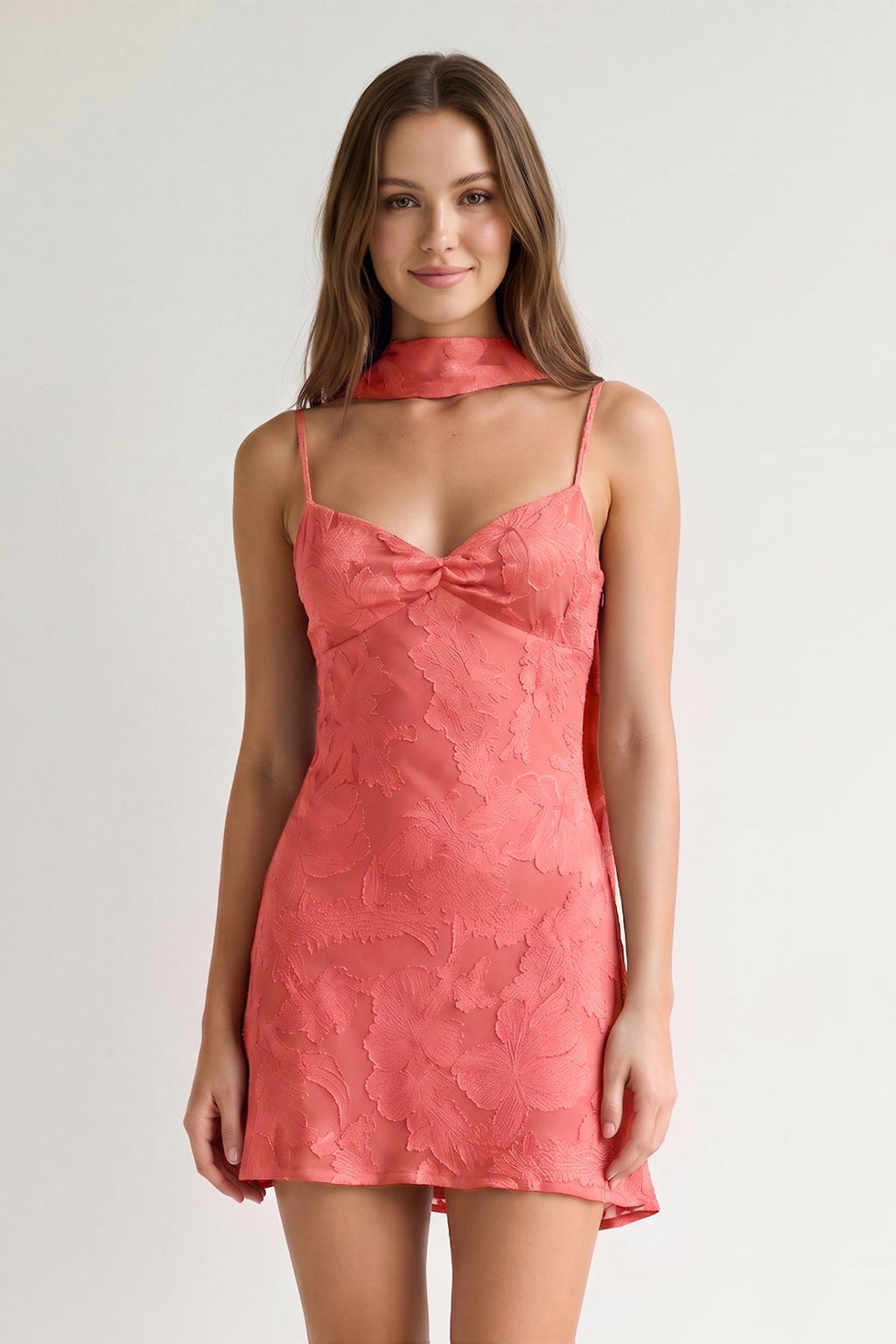 Red Jacquard Chiffon Cami Straps Sheath Homecoming Dress with Scarf - Curvevia