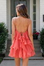 Coral Pink Ruffled Chiffon Halter Asymmetrical A-Line Wedding Guest Dress - Curvevia