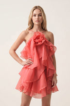 Coral Pink Ruffled Chiffon Halter Asymmetrical A-Line Wedding Guest Dress - Curvevia