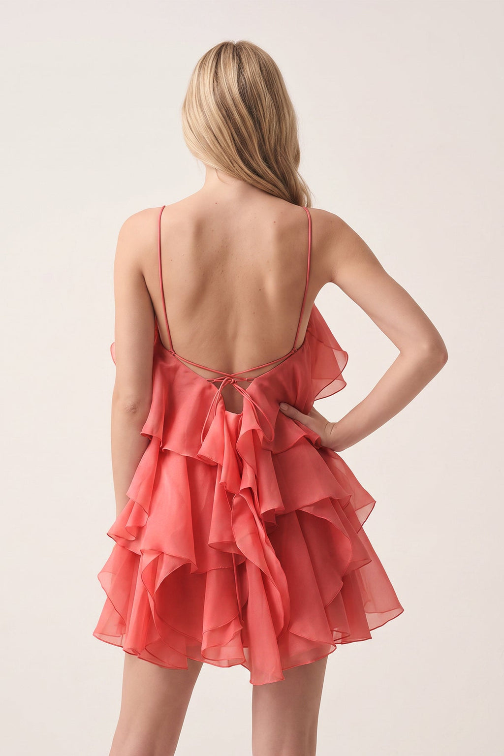 Coral Pink Ruffled Chiffon Halter Asymmetrical A-Line Wedding Guest Dress - Curvevia