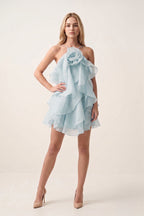 Coral Pink Ruffled Chiffon Halter Asymmetrical A-Line Wedding Guest Dress - Curvevia