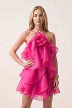 Coral Pink Ruffled Chiffon Halter Asymmetrical A-Line Wedding Guest Dress - Curvevia