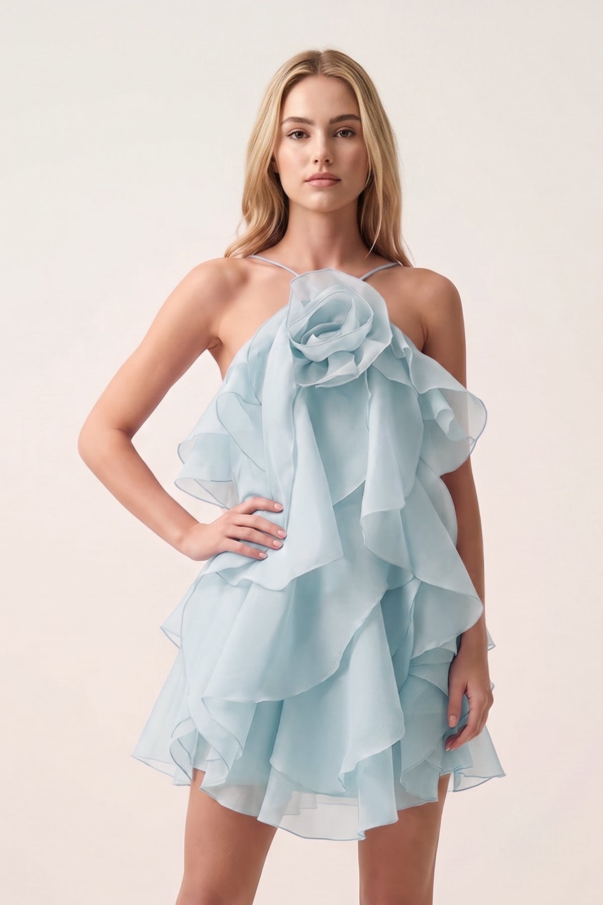Coral Pink Ruffled Chiffon Halter Asymmetrical A-Line Wedding Guest Dress - Curvevia