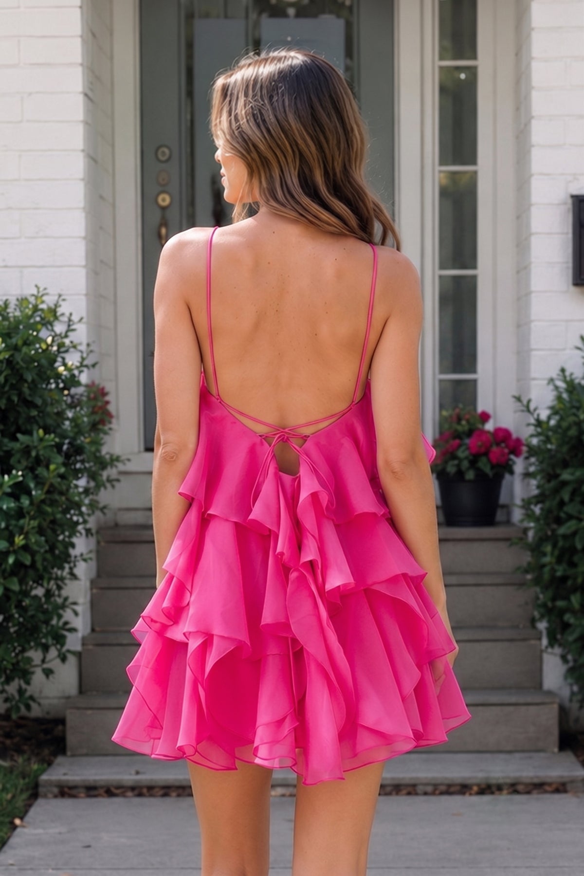 Coral Pink Ruffled Chiffon Halter Asymmetrical A-Line Wedding Guest Dress - Curvevia