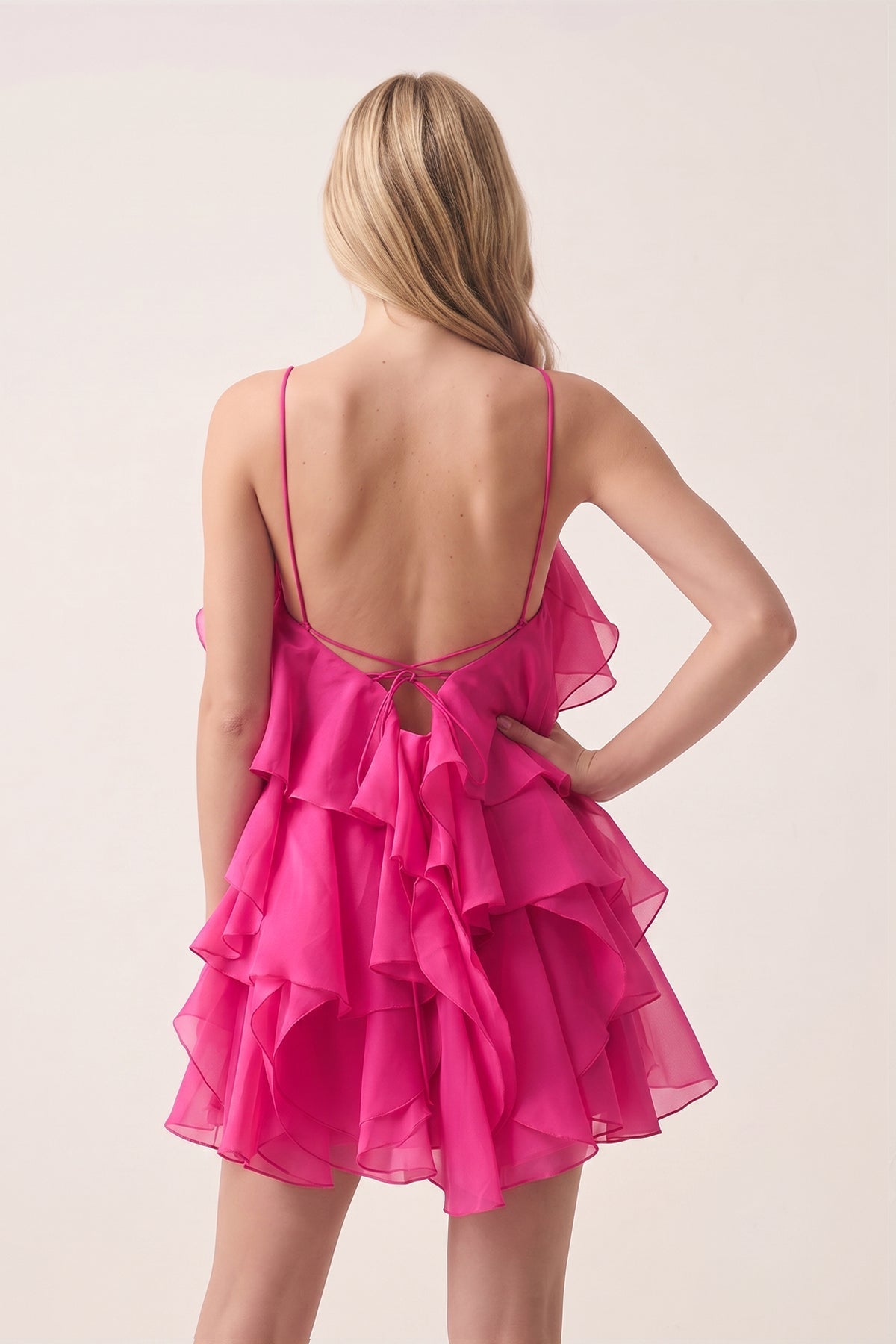 Coral Pink Ruffled Chiffon Halter Asymmetrical A-Line Wedding Guest Dress - Curvevia