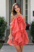 Coral Pink Ruffled Chiffon Halter Asymmetrical A-Line Wedding Guest Dress - Curvevia