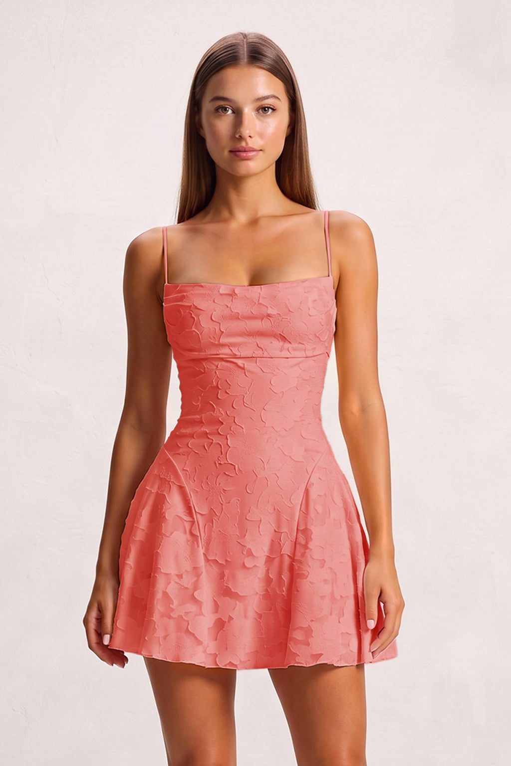 Pink Spaghetti Straps Jacquard Chiffon A-Line Homecoming Dress - Curvevia