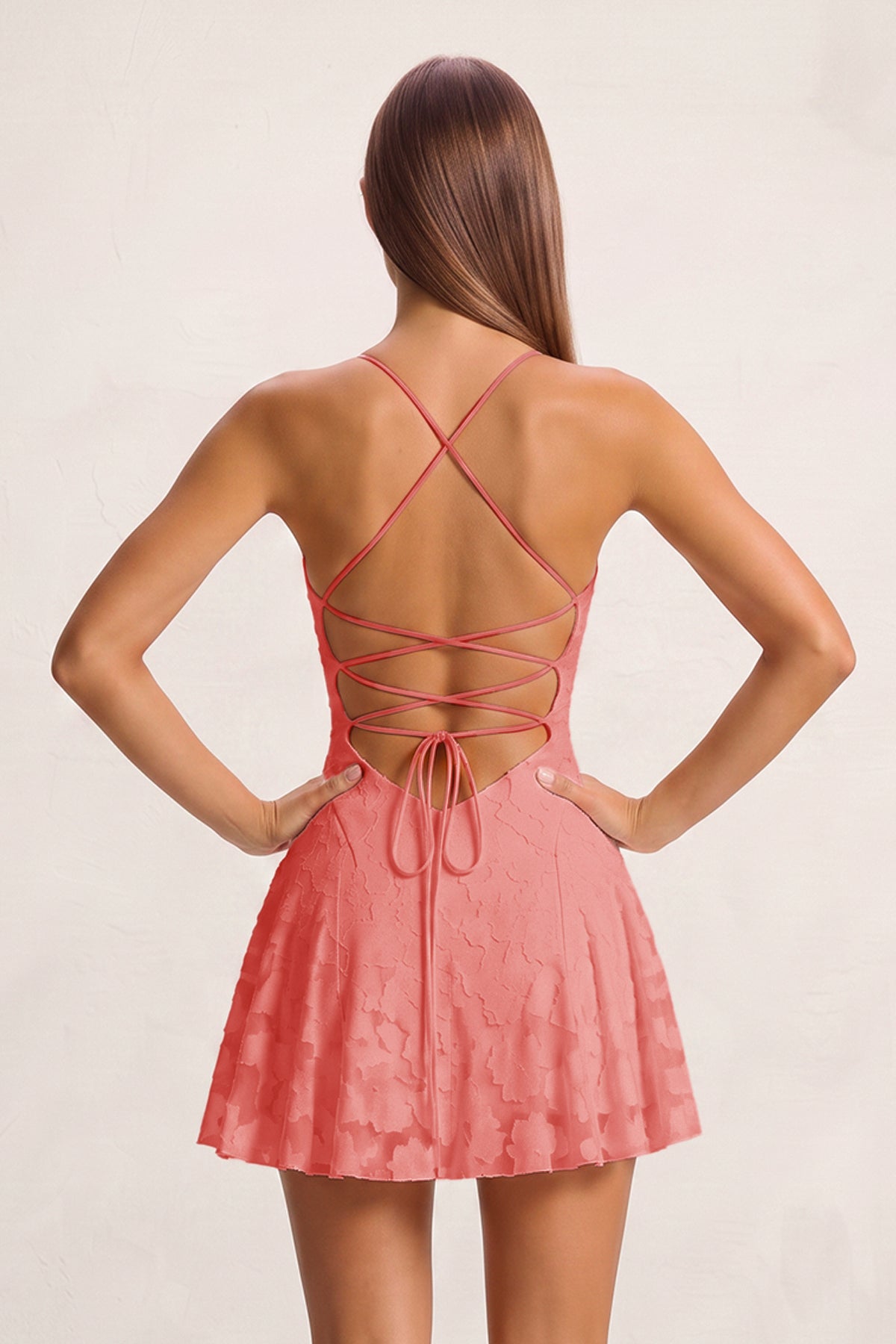 Pink Spaghetti Straps Jacquard Chiffon A-Line Homecoming Dress - Curvevia