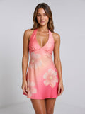 Coral Satin A-Line Halter neckline Backless Short Dress with Beading - Curvevia