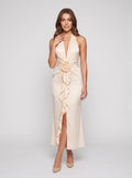 Champagne Satin Column Halter neckline Back Zip Midi Dress with 3D Flower - Curvevia