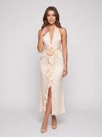 Champagne Satin Column Halter neckline Back Zip Midi Dress with 3D Flower - Curvevia