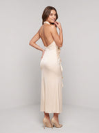 Champagne Satin Column Halter neckline Back Zip Midi Dress with 3D Flower - Curvevia