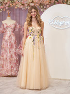A-Line Corset Midi Wedding Guest Dress with 3D Flowers - Curvevia