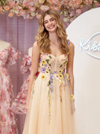 A-Line Corset Midi Wedding Guest Dress with 3D Flowers - Curvevia