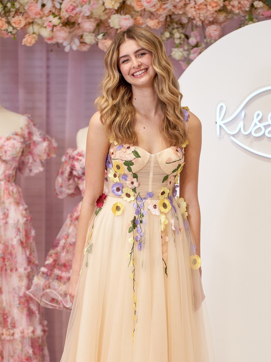 A-Line Corset Midi Wedding Guest Dress with 3D Flowers - Curvevia
