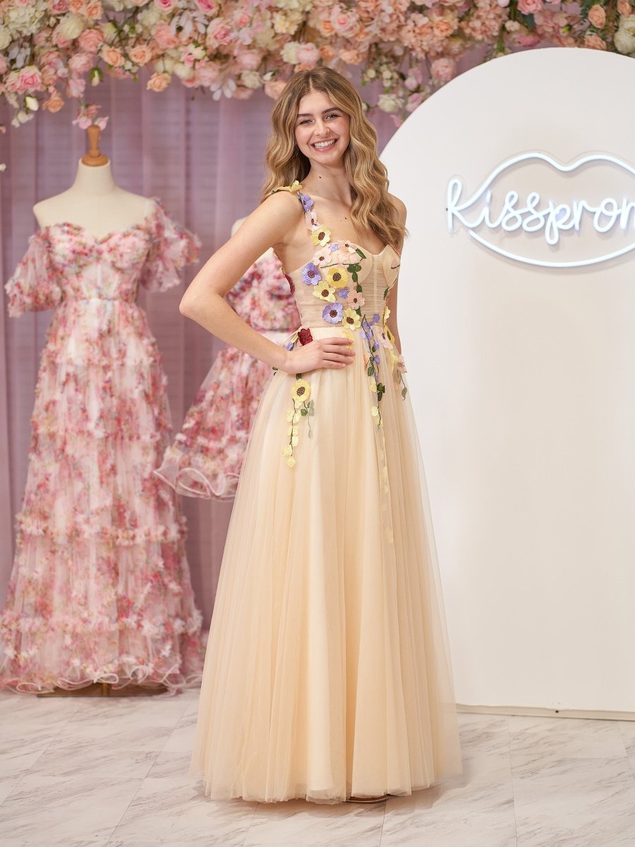 A-Line Corset Midi Wedding Guest Dress with 3D Flowers - Curvevia
