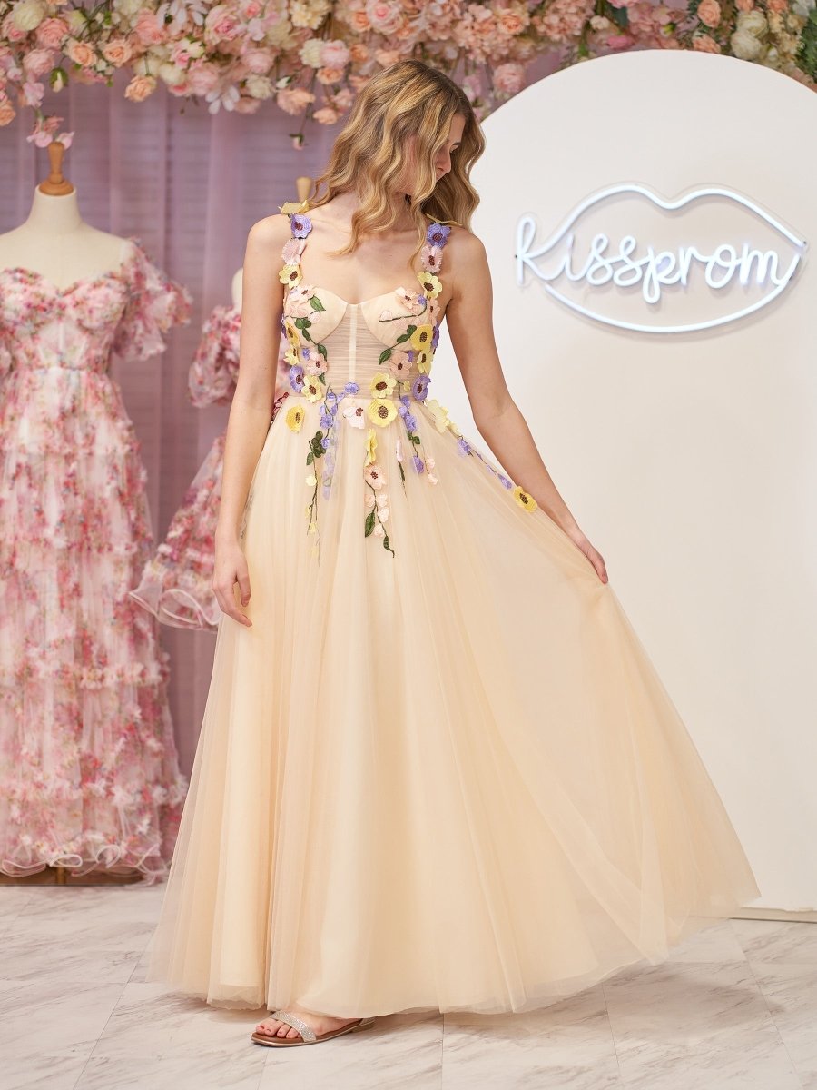 A-Line Corset Midi Wedding Guest Dress with 3D Flowers - Curvevia