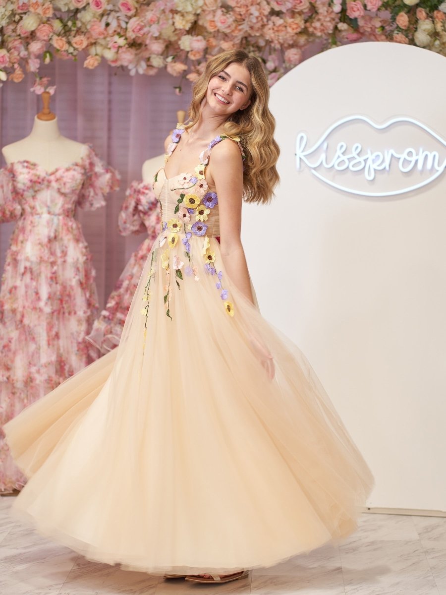 A-Line Corset Midi Wedding Guest Dress with 3D Flowers - Curvevia
