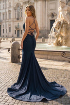 Mermaid Spaghetti Straps Corset Back Satin Evening Dress - Curvevia