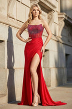 Red Strapless Mermaid Satin Long Prom Dresses with Beading - Curvevia