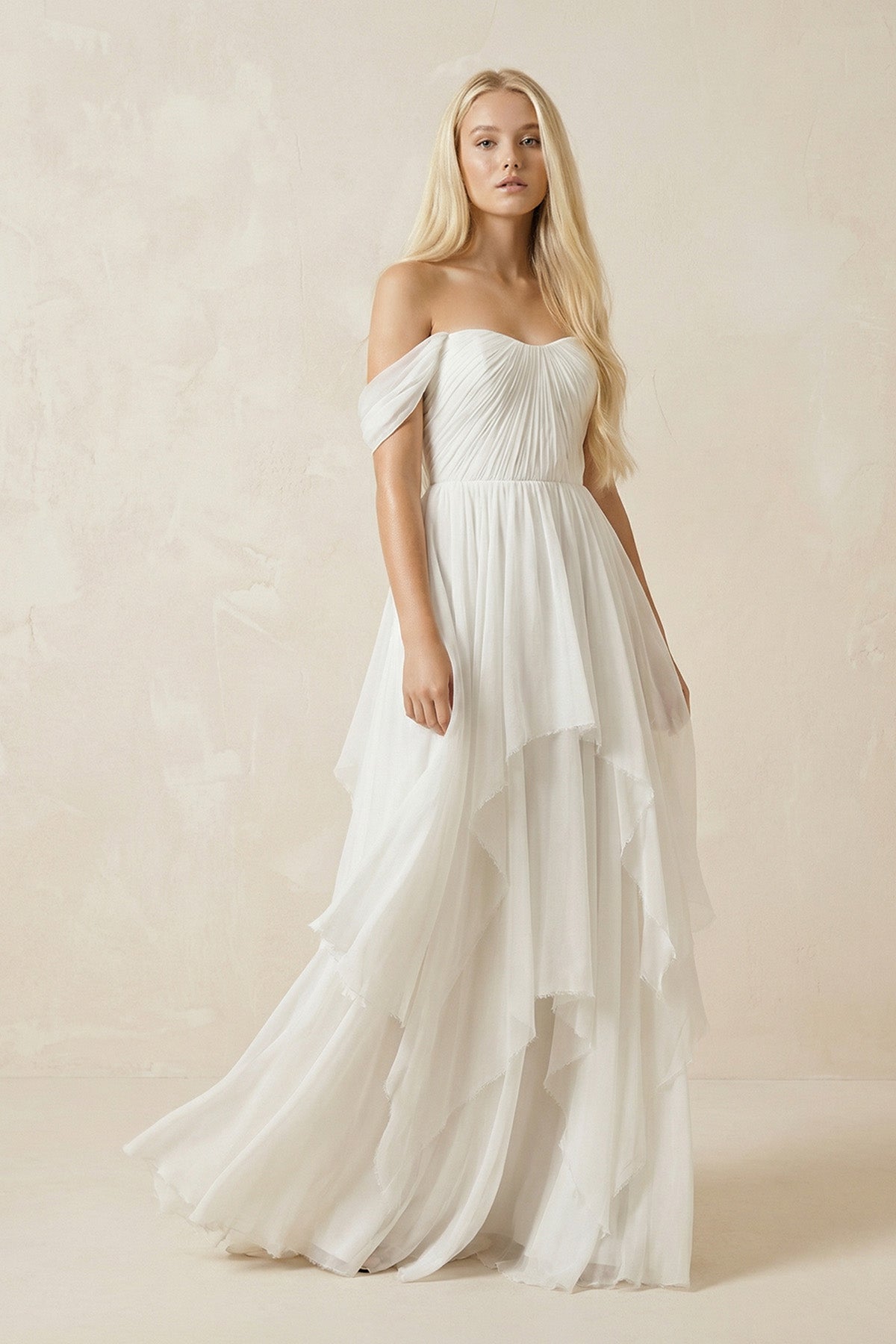 A-Line Sweetheart Off-the-shoulder Chiffon Floor Length Wedding Dress - Curvevia