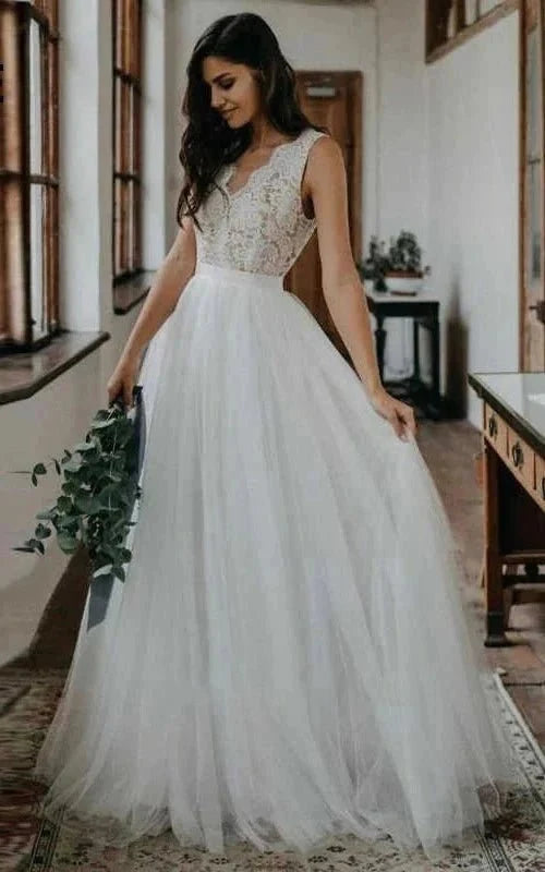 Rustic Boho Elegant A Line Tulle Lace V-neck Open Back Floor Length Sleeveless Wedding Dress - Curvevia