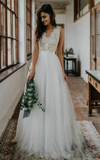 Rustic Boho Elegant A Line Tulle Lace V-neck Open Back Floor Length Sleeveless Wedding Dress - Curvevia