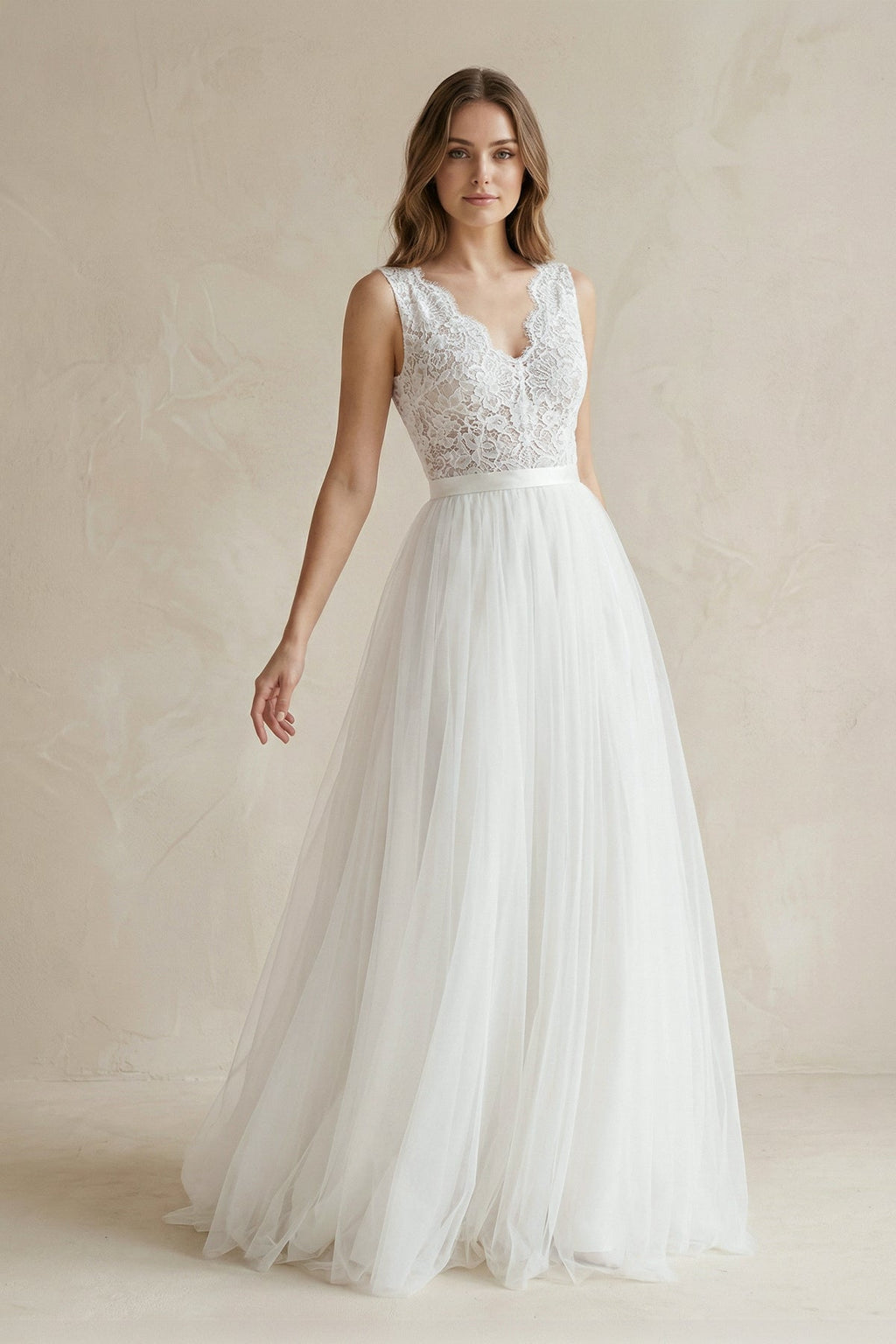 Rustic Boho Elegant A Line Tulle Lace V-neck Open Back Floor Length Sleeveless Wedding Dress - Curvevia