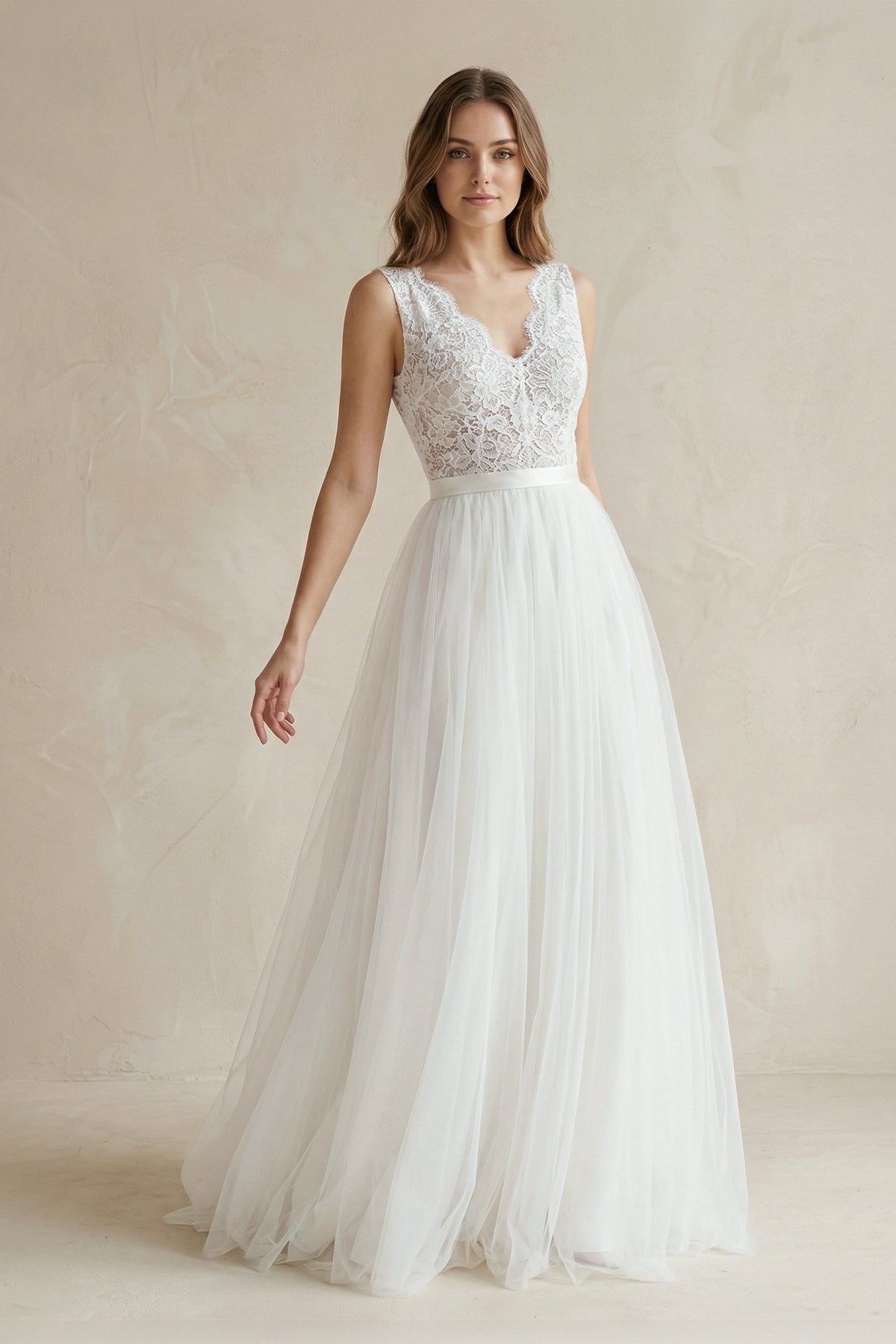 Rustic Boho Elegant A Line Tulle Lace V-neck Open Back Floor Length Sleeveless Wedding Dress - Curvevia
