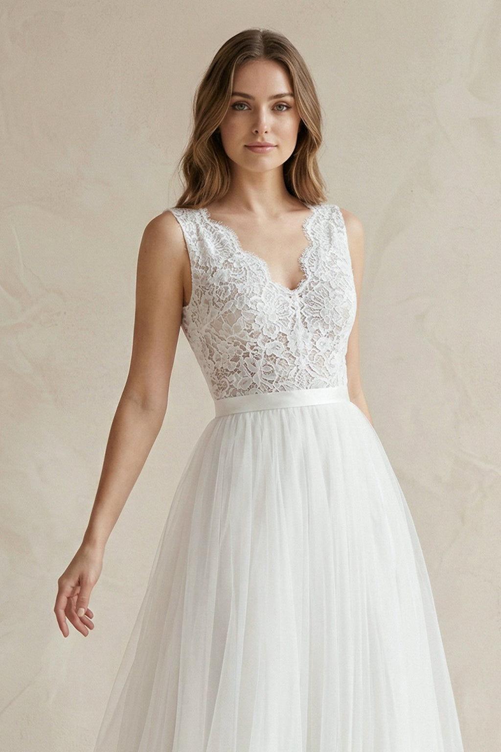 Rustic Boho Elegant A Line Tulle Lace V-neck Open Back Floor Length Sleeveless Wedding Dress - Curvevia