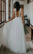 Rustic Boho Elegant A Line Tulle Lace V-neck Open Back Floor Length Sleeveless Wedding Dress - Curvevia
