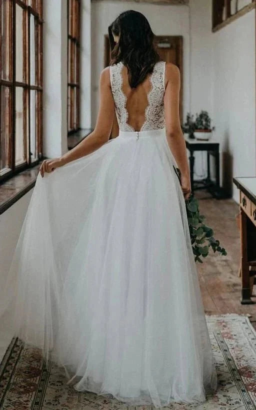 Rustic Boho Elegant A Line Tulle Lace V-neck Open Back Floor Length Sleeveless Wedding Dress - Curvevia
