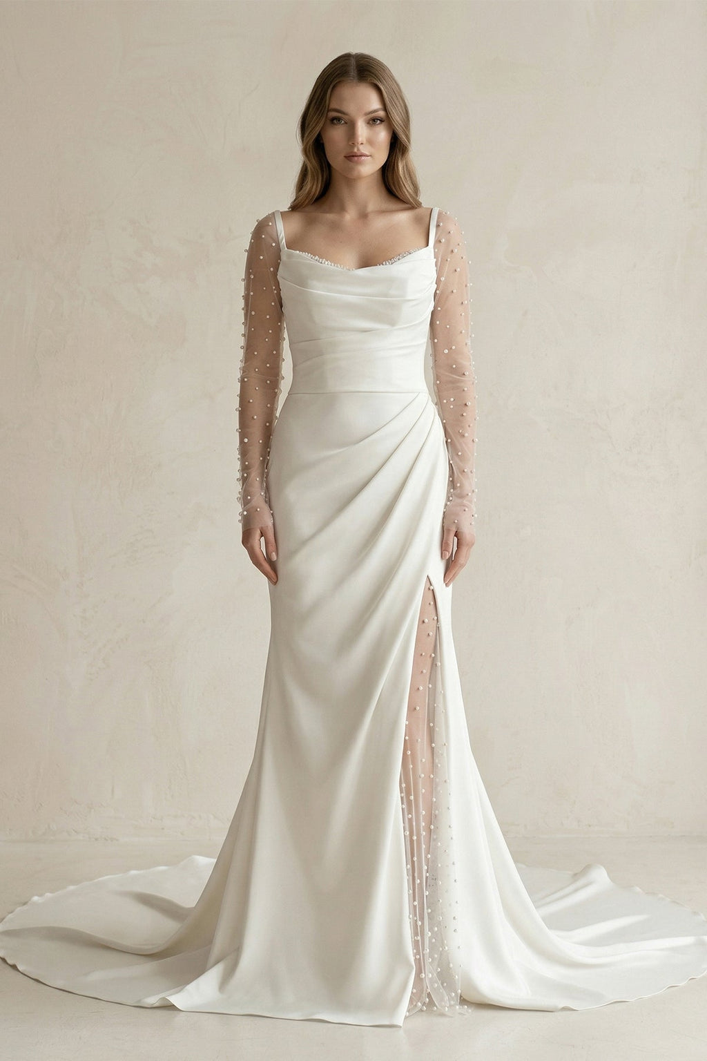 Cowl Neck Mermaid Ruched Satin Long Sleeves Wedding Dress With Slit in White - Curvevia
